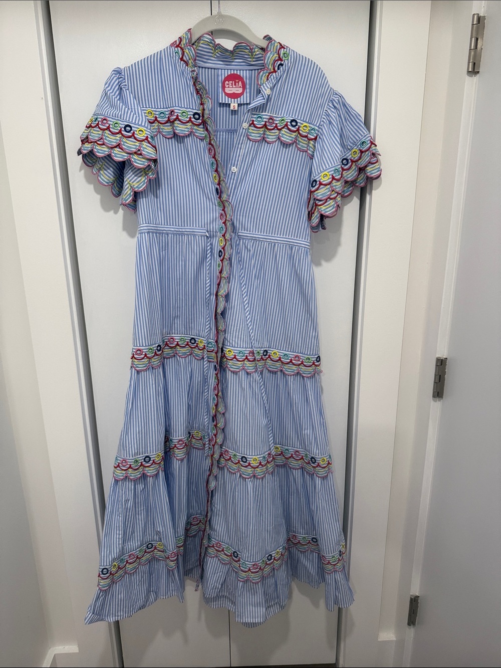 CeliaB Light Blue & White Striped Dress with Multicolor Scallop Embroidery
